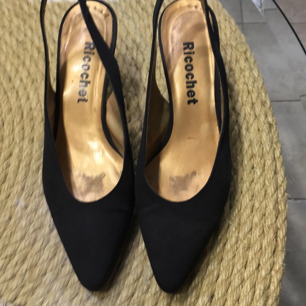 Ricochet black silk sling backs shaped gold heels